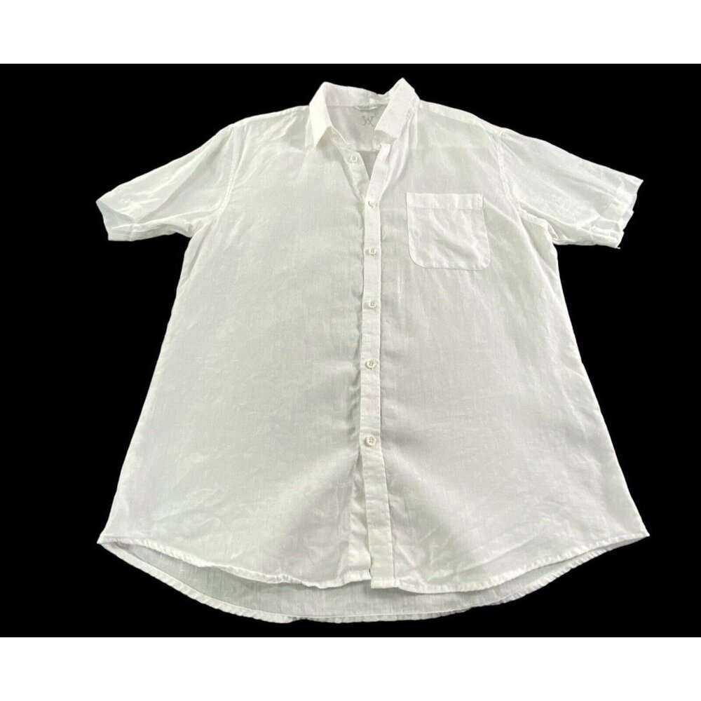 AMIANI‎ Men 100% Linen Button Front Collard Short Sleeve Shirt Sz L White 77-32